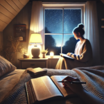 AI image of a woman doing nighttime bible study in her attic