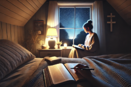 AI image of a woman doing nighttime bible study in her attic