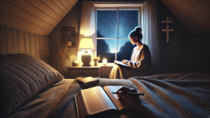 AI image of a woman doing nighttime bible study in her attic