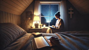 AI image of a woman doing nighttime bible study in her attic